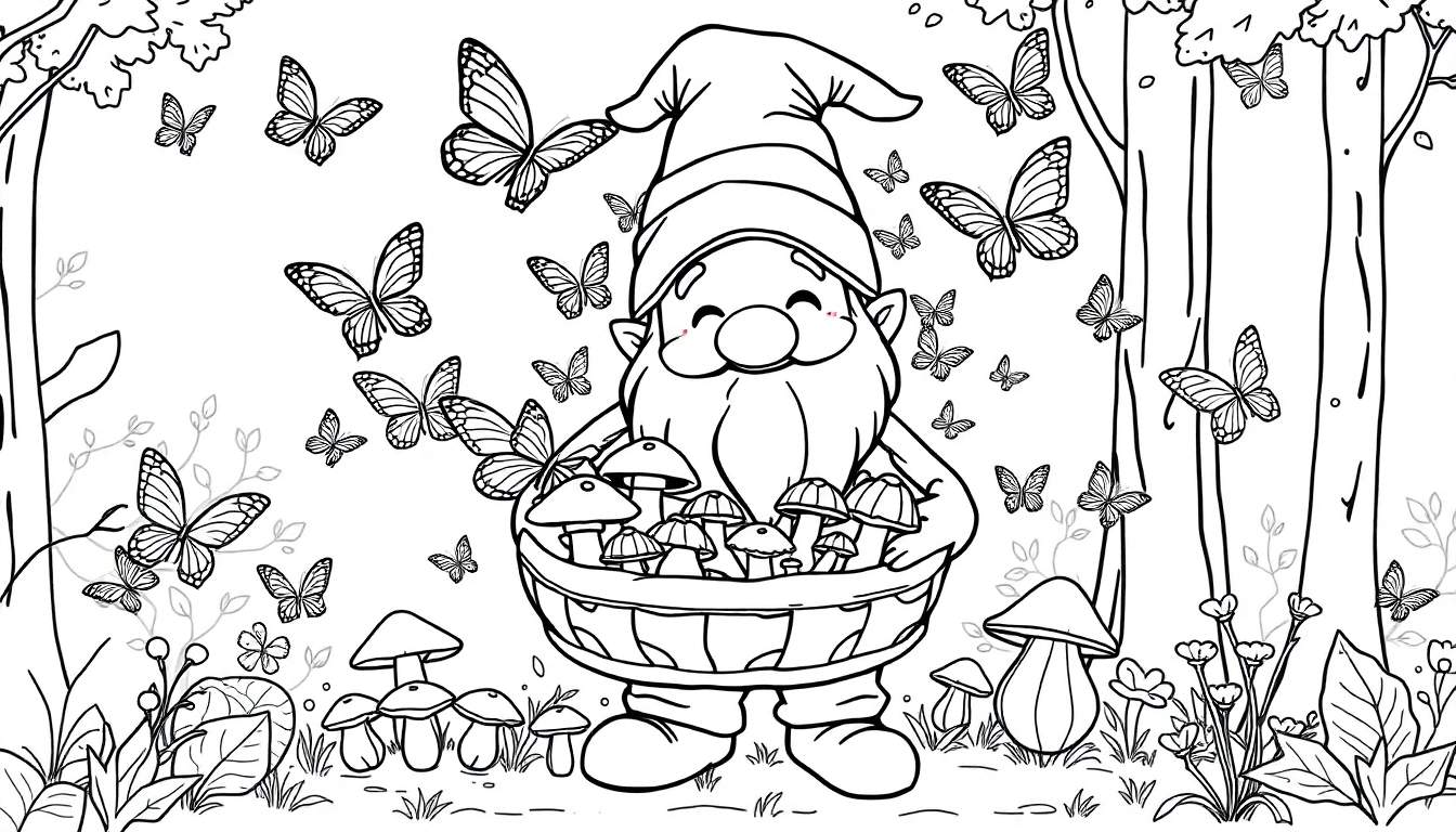 Un gnomo en un bosque con mariposas y cestas de champiñones