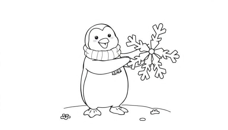 Placa de color de un pingüino amigable con un copo de nieve gigante.