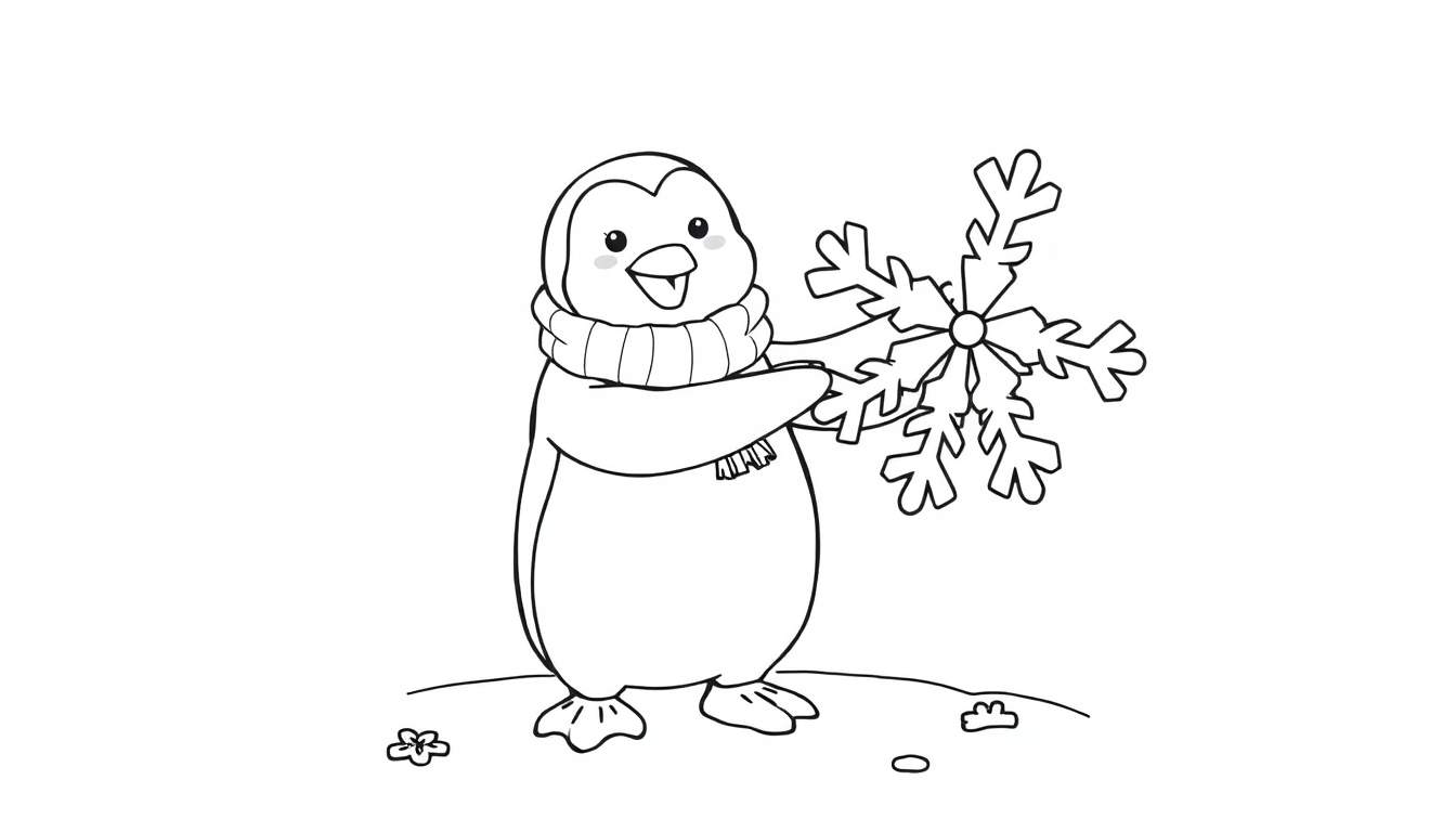 Placa de color de un pingüino amigable con un copo de nieve gigante.