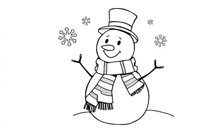 Una placa de color para colorear de un muñeco de nieve sonriente con sombrero y bufanda rodeado de copos de nieve.