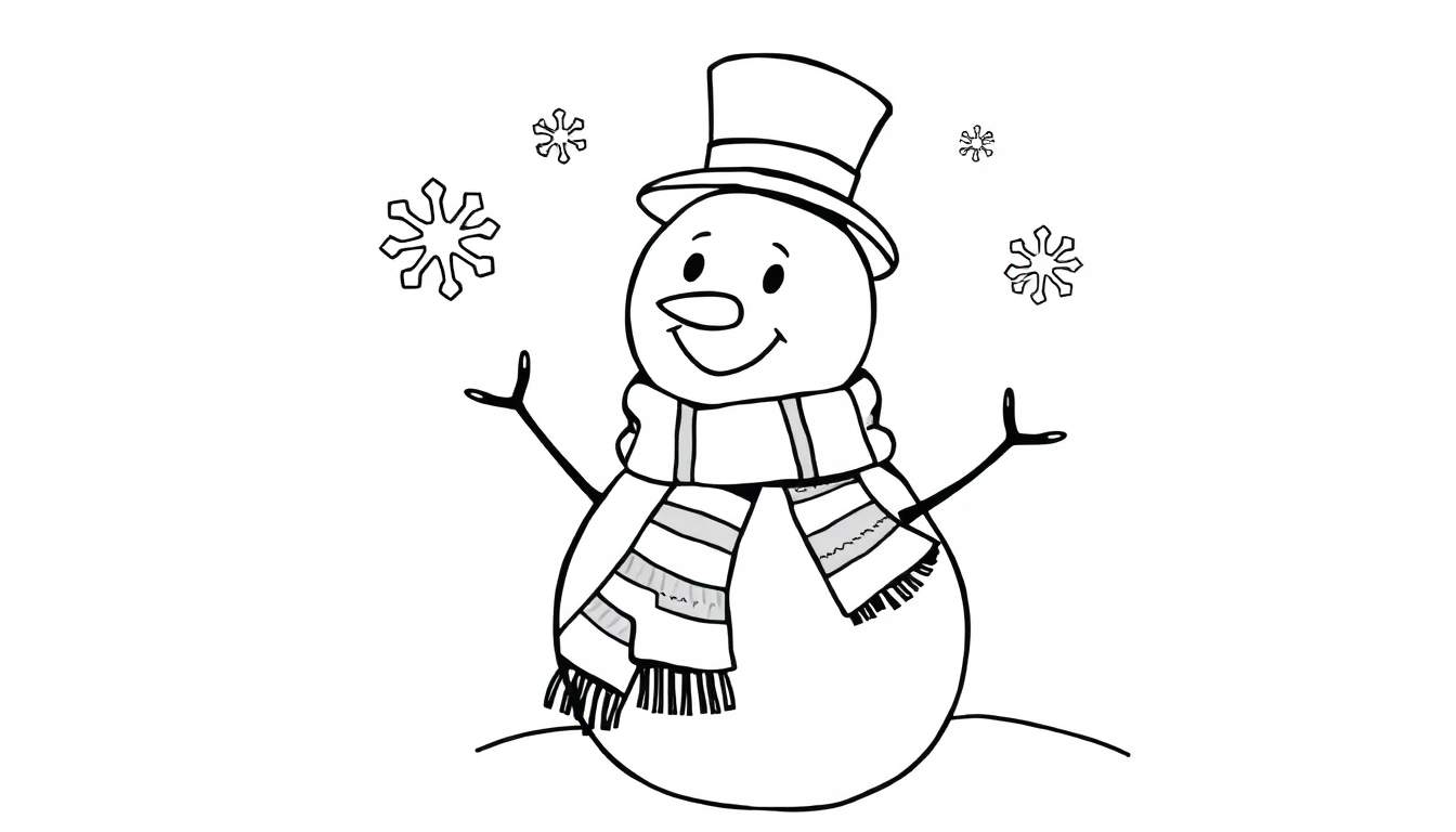 Una placa de color para colorear de un muñeco de nieve sonriente con sombrero y bufanda rodeado de copos de nieve.
