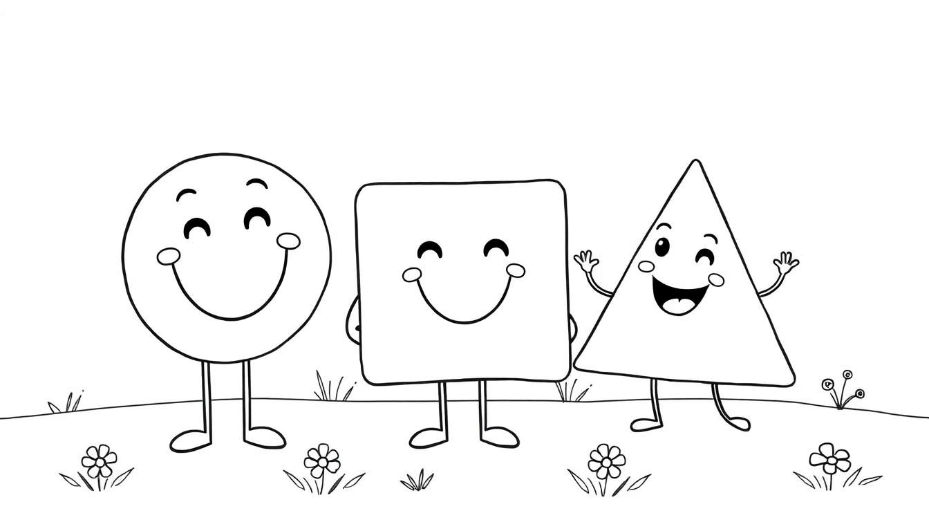 Tres figuras geométricas, un círculo, un cuadrado y un triángulo, con caras sonrientes, de pie en un campo de hierba con flores.
