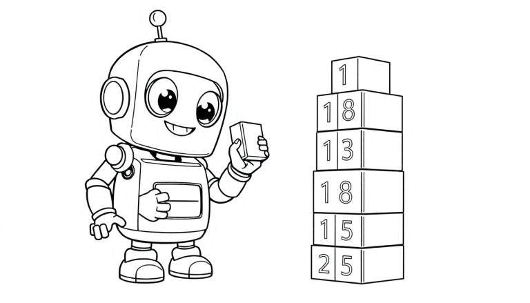 Robot amigable con una placa de color en blanco y negro aprendiendo con bloques numerados.