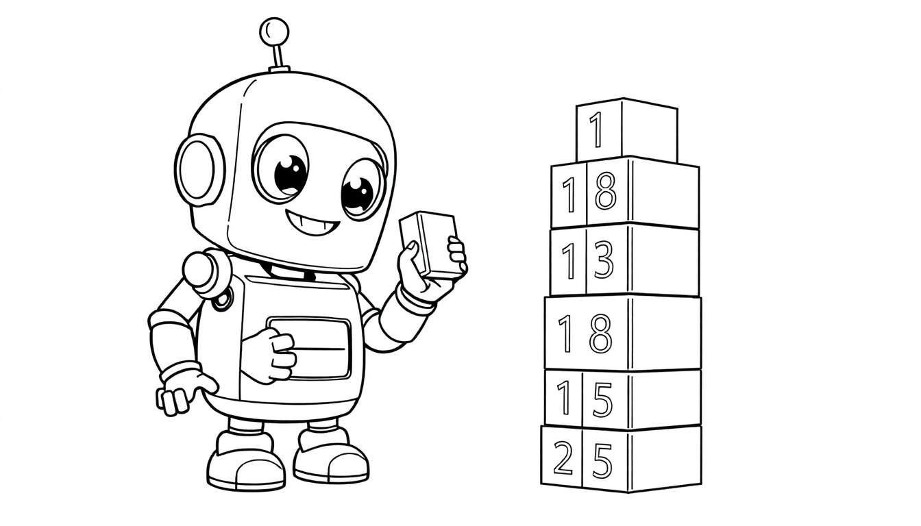 Robot amigable con una placa de color en blanco y negro aprendiendo con bloques numerados.