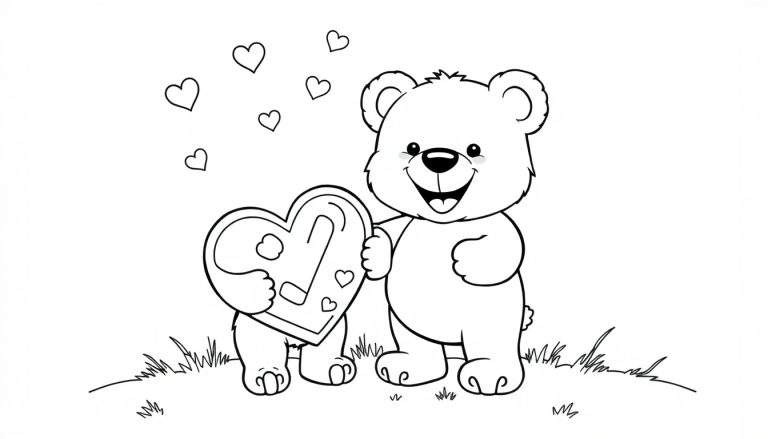 Placa de color de un osito de peluche feliz regalando un corazón.
