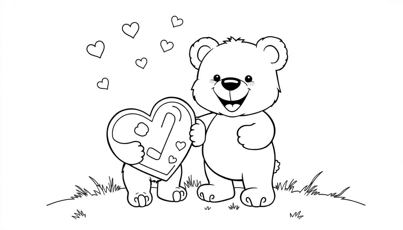 Placa de color de un osito de peluche feliz regalando un corazón.
