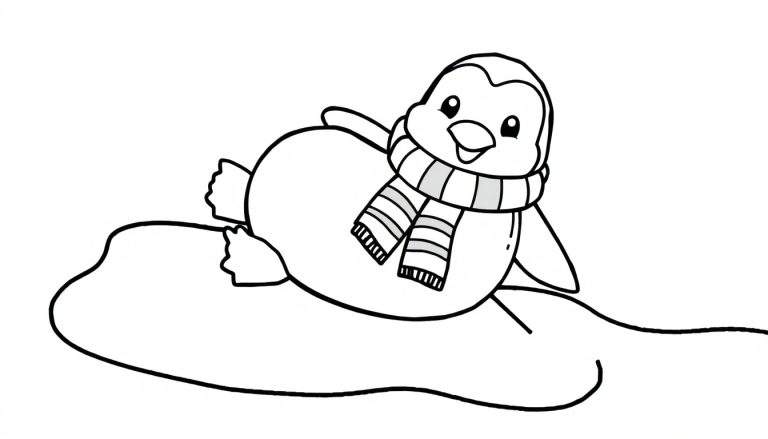 Placa de color de un pingüino feliz en una nube con bufanda.