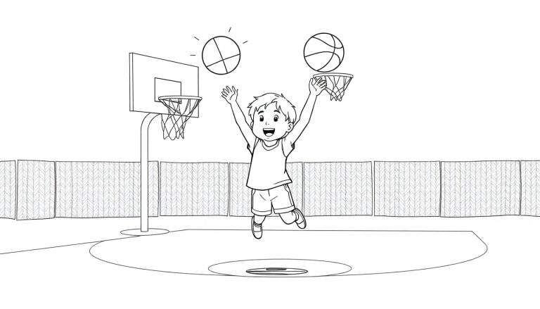 Un niño dibujado en blanco y negro saltando para jugar baloncesto, con aros y balones, listo para ser coloreado, presentando una placa de color.