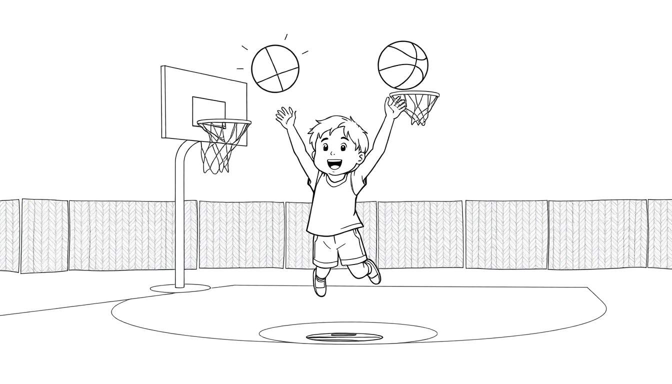 Un niño dibujado en blanco y negro saltando para jugar baloncesto, con aros y balones, listo para ser coloreado, presentando una placa de color.