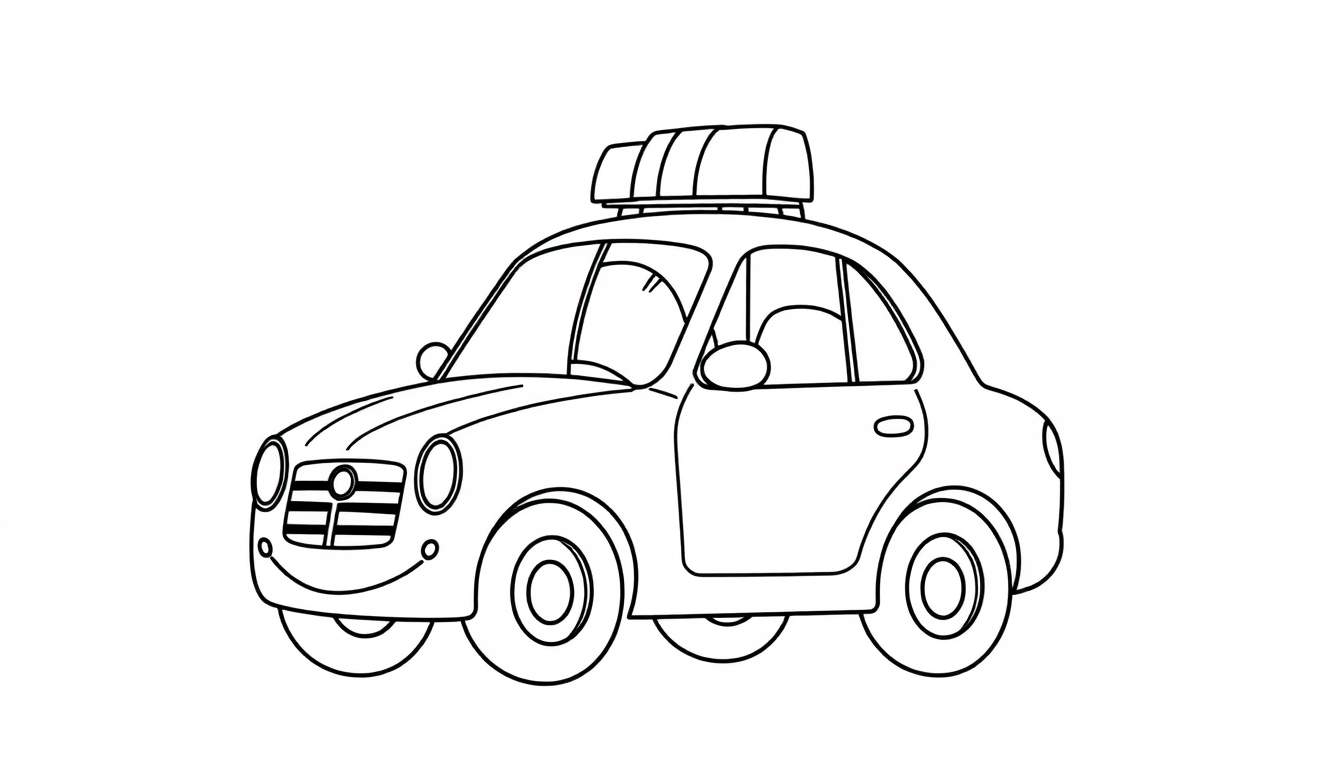 Un coche de policía sonriente y amigable con contornos negros, listo para colorear con la placa de color.