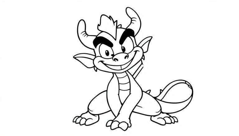 Placa de color de un dragón amigable de dibujos animados con cuernos pequeños y cola curva hacia arriba.