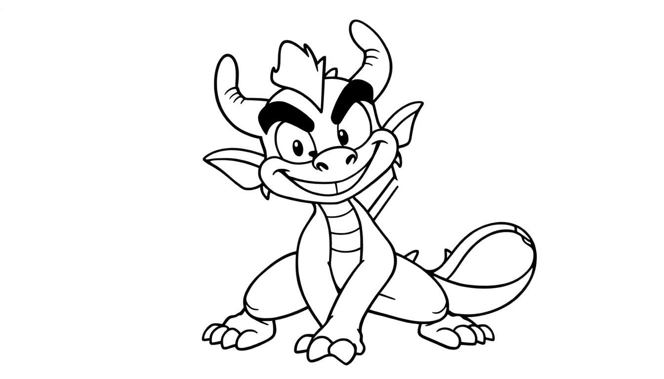 Placa de color de un dragón amigable de dibujos animados con cuernos pequeños y cola curva hacia arriba.