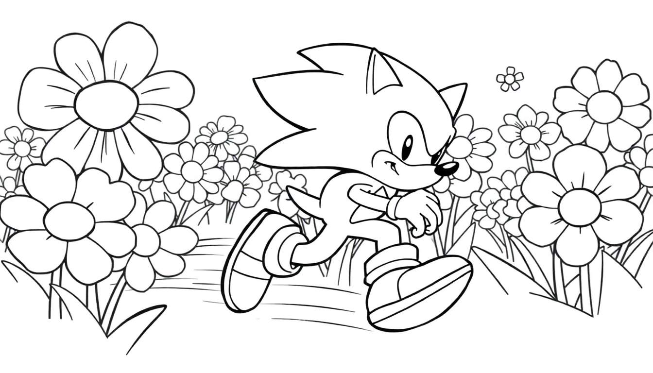 Sonic el Erizo corriendo a través de un campo de flores para colorear.