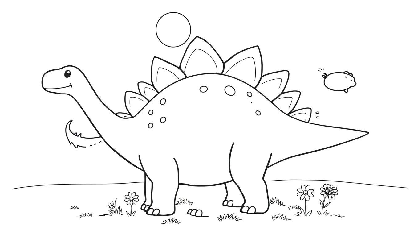 Dibujo lineal de un estegosaurio amigable con placas en la espalda y un sol en el fondo, listo para colorear.