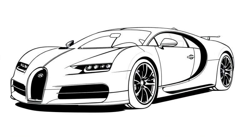 Página para colorear de un coche Bugatti deportivo, listo para ser pintado con una placa de color.