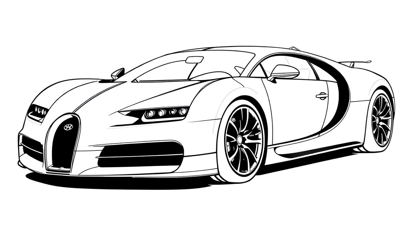 Página para colorear de un coche Bugatti deportivo, listo para ser pintado con una placa de color.