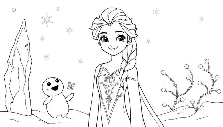 Una placa de color de Elsa de Frozen con un muñeco de nieve y un diseño invernal para colorear.