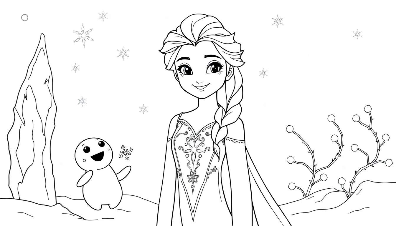 Una placa de color de Elsa de Frozen con un muñeco de nieve y un diseño invernal para colorear.