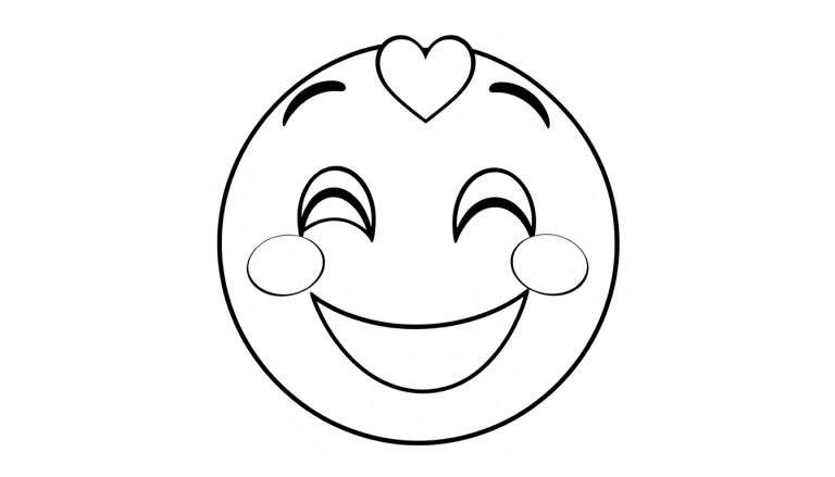 Emoji de cara sonriente para colorear, con un corazón y mejillas sonrosadas, en blanco y negro, listo para la placa de color.