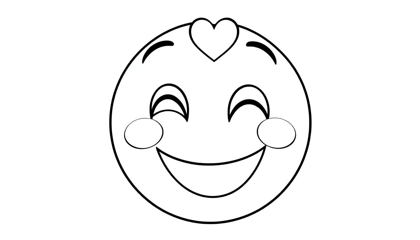 Emoji de cara sonriente para colorear, con un corazón y mejillas sonrosadas, en blanco y negro, listo para la placa de color.
