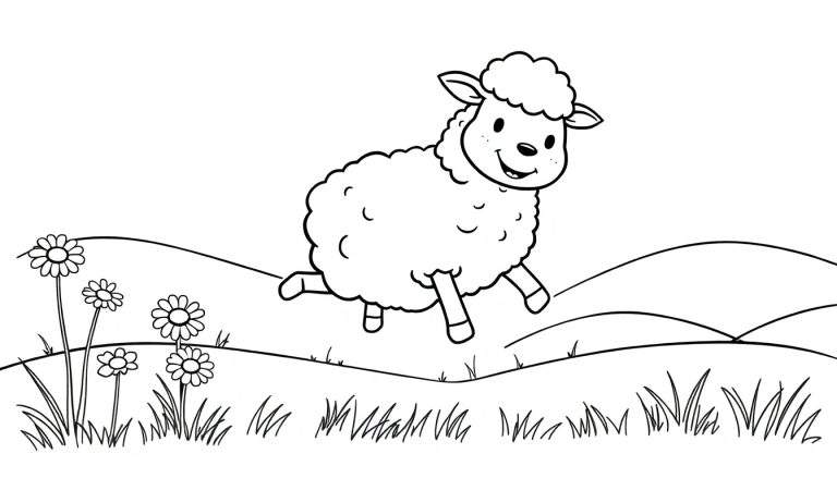 Una ovejita lanuda de dibujos animados salta felizmente por un prado con margaritas, lista para colorear en esta placa de color.