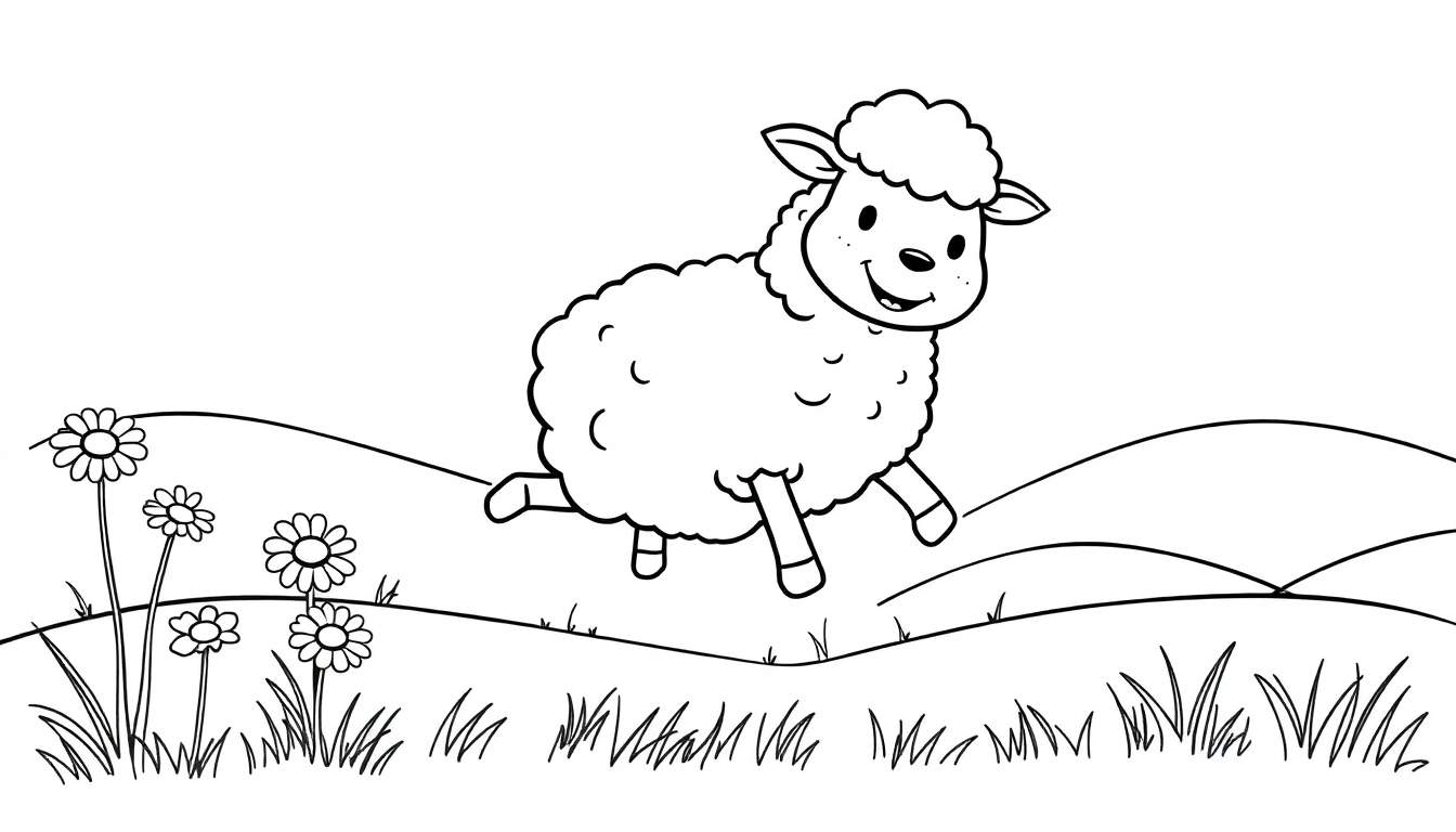 Una ovejita lanuda de dibujos animados salta felizmente por un prado con margaritas, lista para colorear en esta placa de color.
