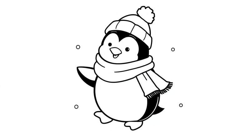 Pingüino de dibujos animados con gorro y bufanda, listo para colorear.