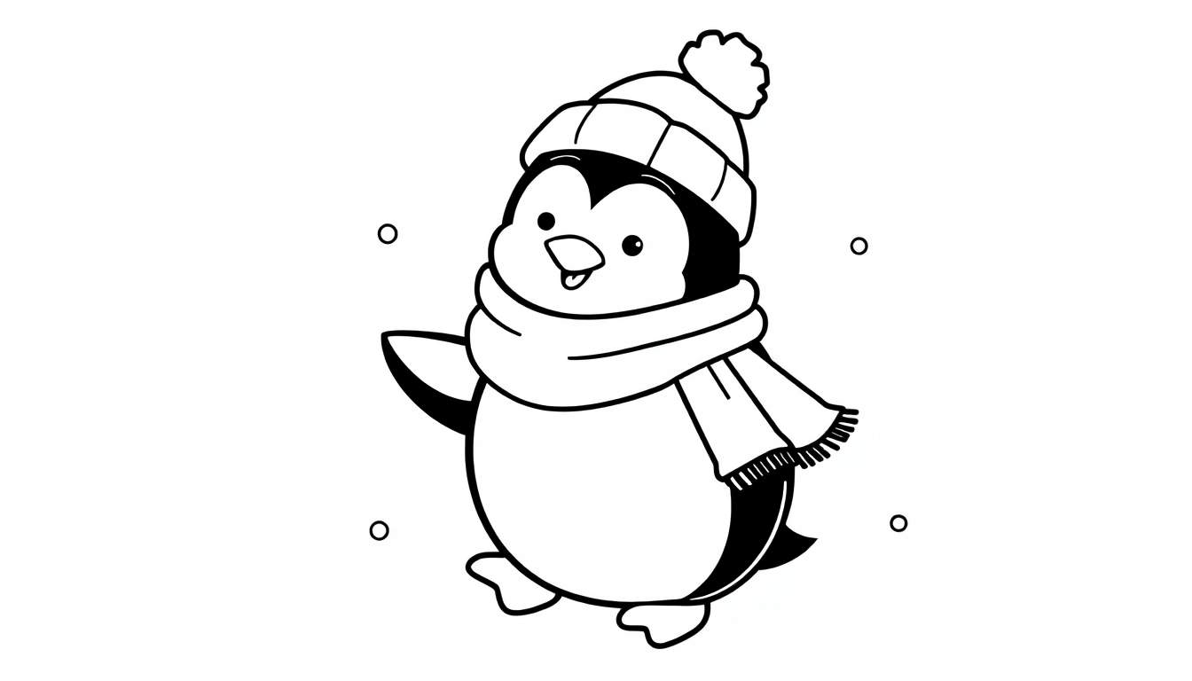 Pingüino de dibujos animados con gorro y bufanda, listo para colorear.