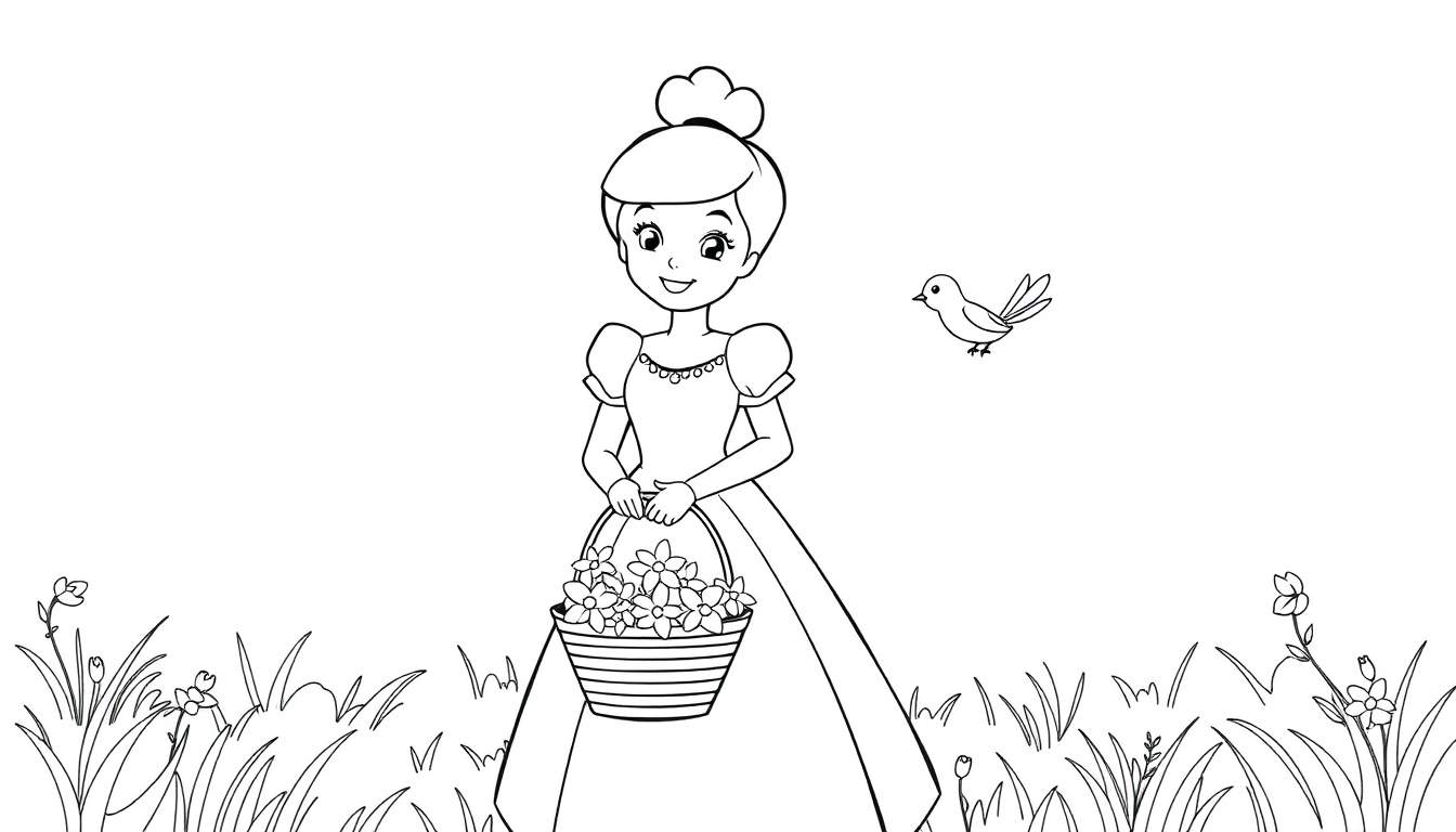 Placa de color: una niña sonriente con un moño, sosteniendo una canasta de flores, con un pájaro volando en la distancia.