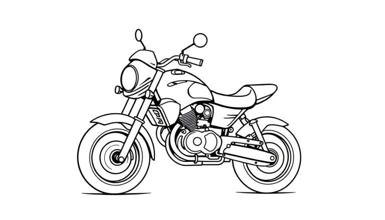 Placa de color de una motocicleta caricaturesca lista para la aventura.