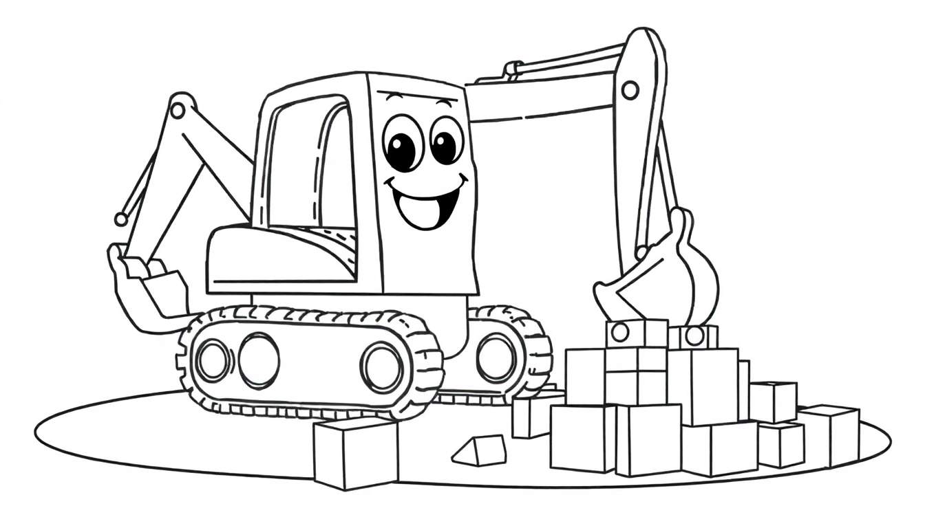 Excavadora sonriente lista para la acción en una página para colorear con bloques.