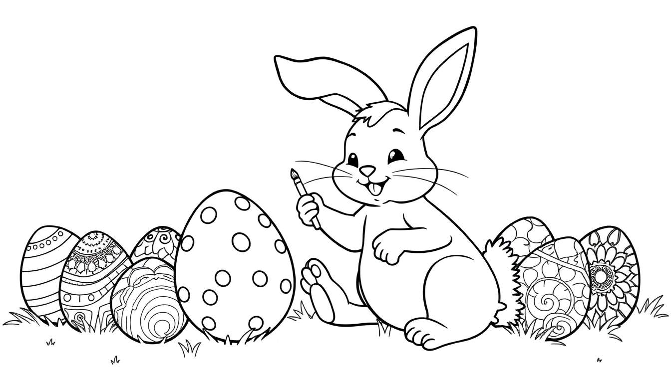 Placa de color: Un lindo conejito de Pascua pintando un huevo decorado con un pincel, con más huevos decorados a su lado y un poco de hierba en la parte inferior.