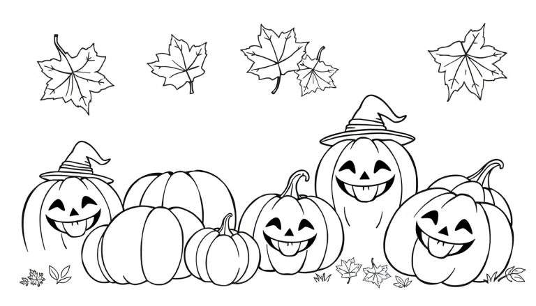 Placa de color de calabazas de Halloween con sombreros de bruja y hojas de otoño.