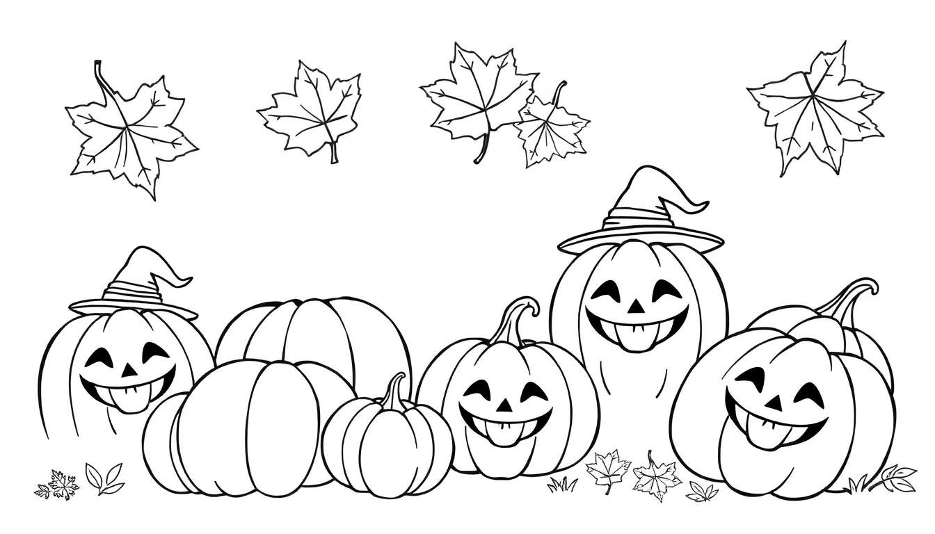 Placa de color de calabazas de Halloween con sombreros de bruja y hojas de otoño.