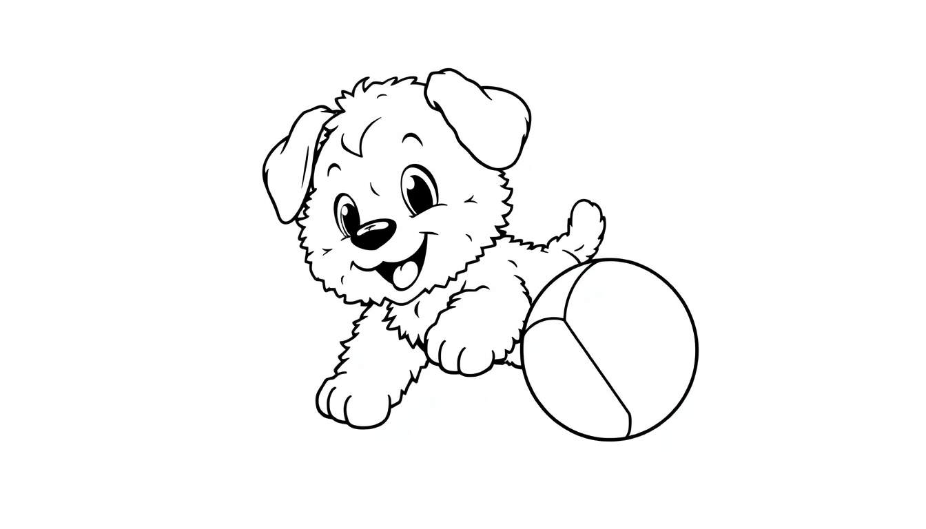 Un cachorro feliz jugando con una pelota, listo para colorear con placa de color.