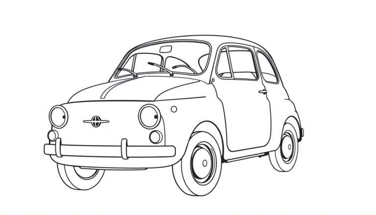 Placa de color con dibujo lineal de un Fiat 500 listo para pintar.