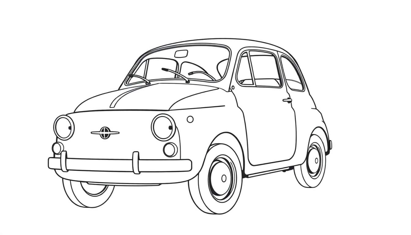 Placa de color con dibujo lineal de un Fiat 500 listo para pintar.