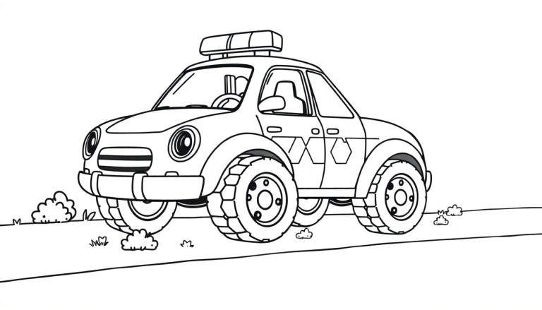 Un coche de policía de dibujos animados en blanco y negro, listo para una misión, con una placa de color en el lateral.