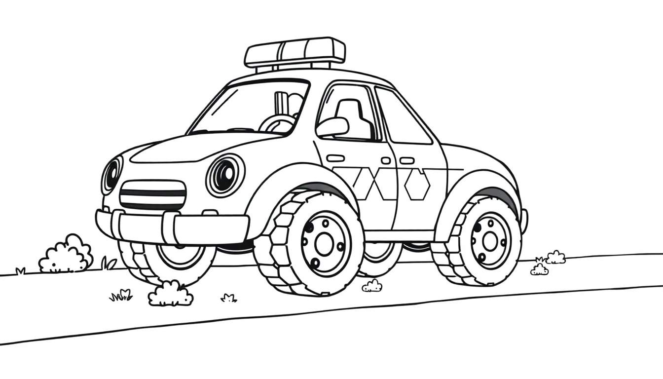 Un coche de policía de dibujos animados en blanco y negro, listo para una misión, con una placa de color en el lateral.
