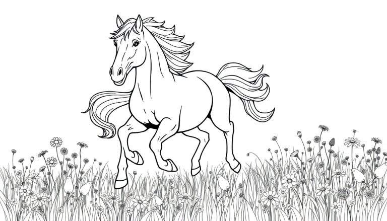 Caballo para colorear en un campo de flores, una placa de color lista para pintar.