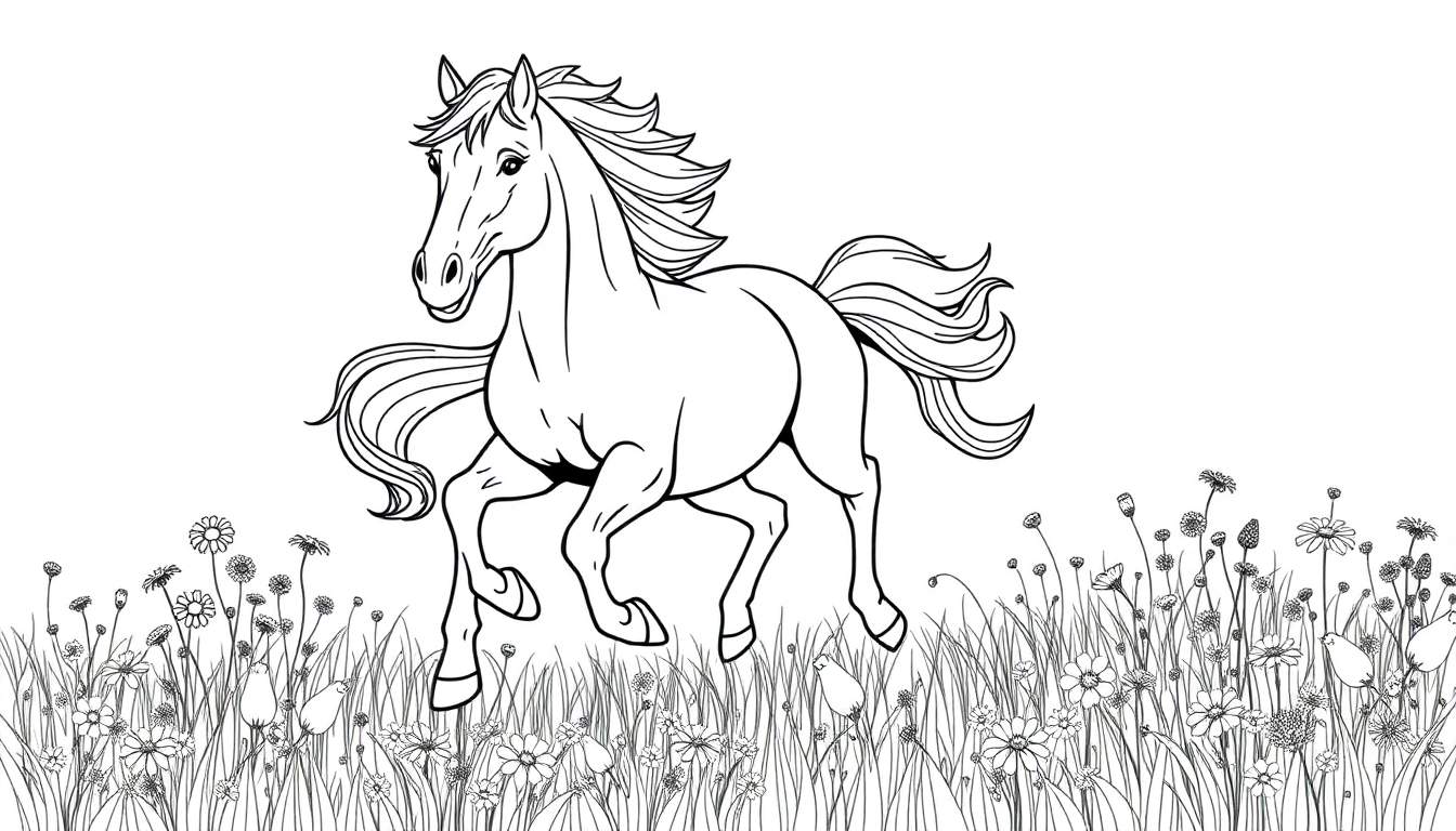 Caballo para colorear en un campo de flores, una placa de color lista para pintar.