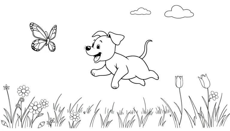 Placa de color de un cachorro feliz persiguiendo una mariposa en un campo florido.