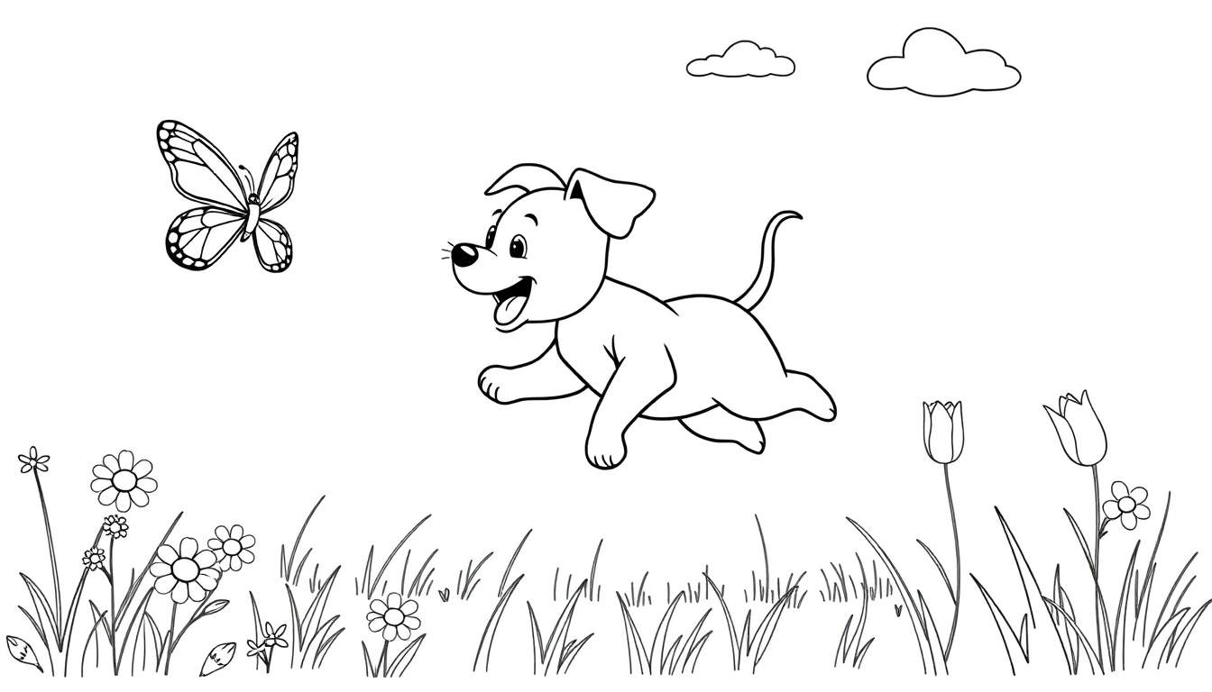 Placa de color de un cachorro feliz persiguiendo una mariposa en un campo florido.