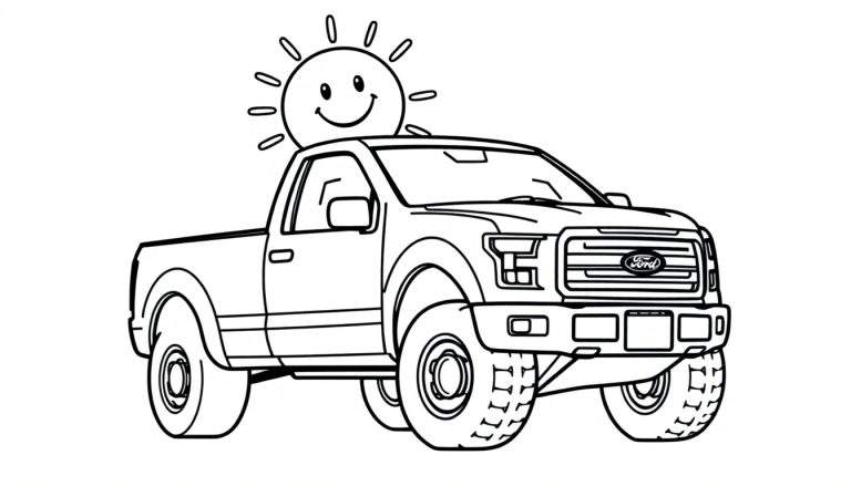 Una página para colorear con un camión Ford F-150 y un sol sonriente, lista para añadirle tu toque de color de placa.