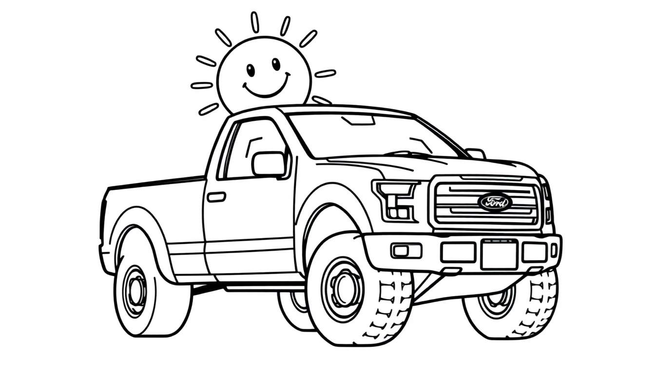 Una página para colorear con un camión Ford F-150 y un sol sonriente, lista para añadirle tu toque de color de placa.