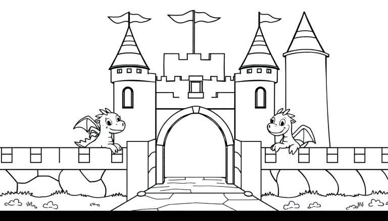 Castillo medieval para colorear con dragones y banderas en una placa de color.