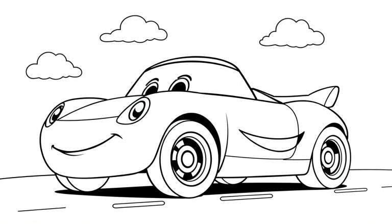 Un coche de carreras amigable para colorear con grandes ojos y una sonrisa, listo para ser pintado en su placa de color.
