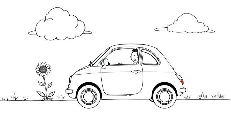 Placa de color de un Fiat 500 sonriente en una carretera soleada con nubes.