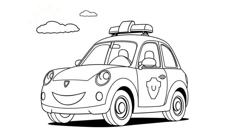 Un coche de policía de dibujos animados sonriente con una placa de color esperando ser coloreado, con un sol y una nube de fondo.