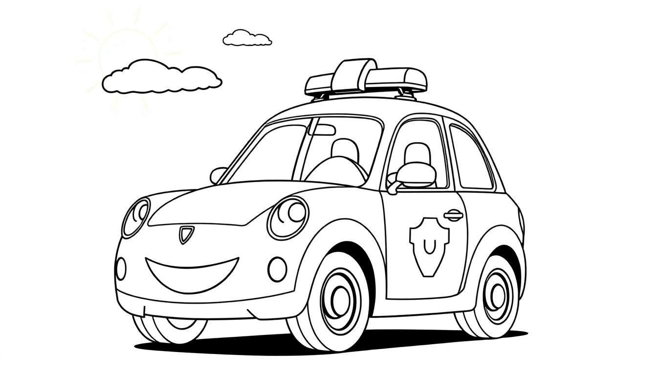 Un coche de policía de dibujos animados sonriente con una placa de color esperando ser coloreado, con un sol y una nube de fondo.